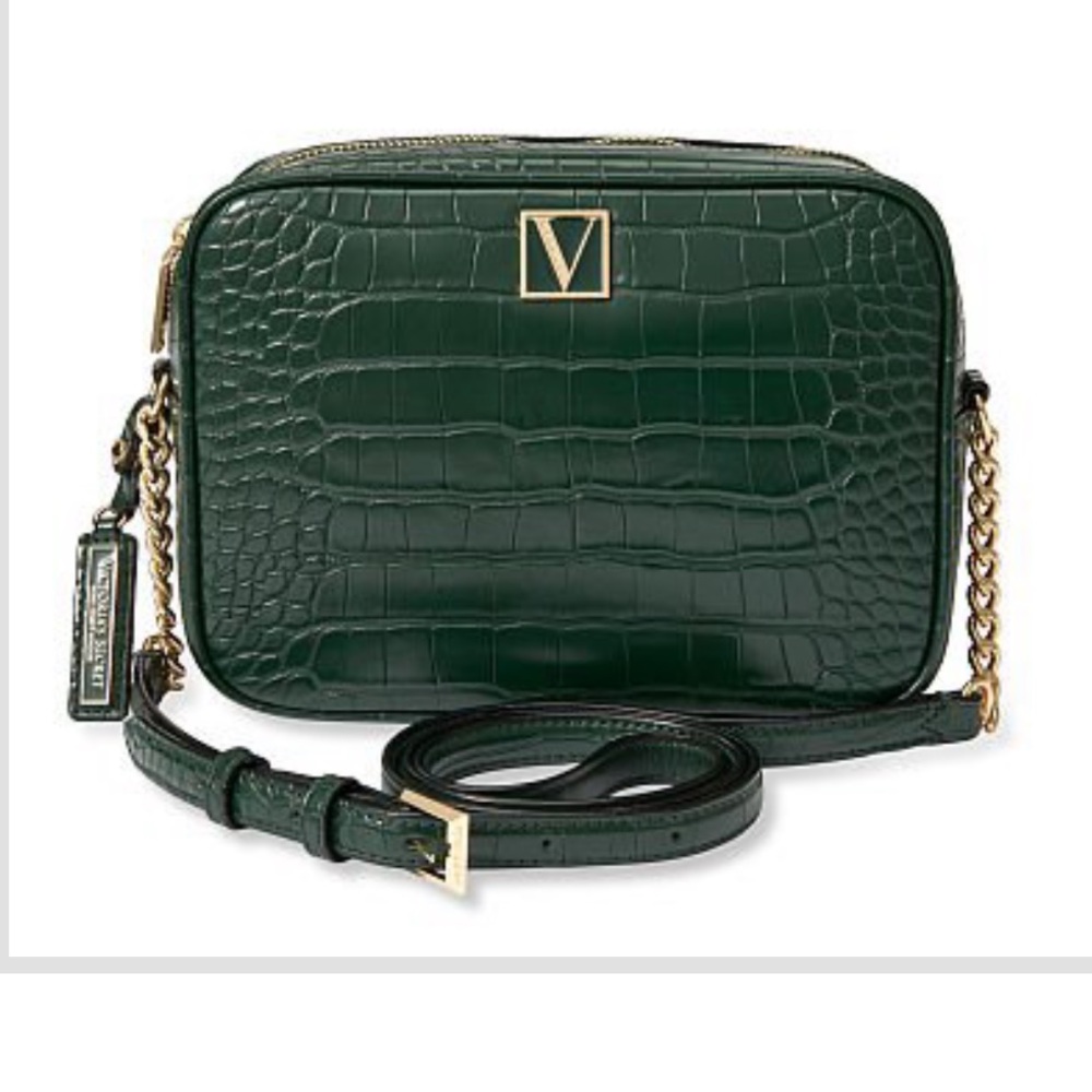 NWT Victoria’s Secret Top Zip Crossbody Emerald Croc embossed w/ gold hardware